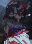  1girl absurdres black_hair bow closed_mouth commentary_request crying crying_with_eyes_open detached_sleeves frilled_bow frilled_hair_tubes frills hair_between_eyes hair_bow hair_tubes hakurei_reimu highres horns if_they_mated kijin_seija multicolored_hair natsu_(tohotiara) outdoors red_bow red_eyes red_skirt red_streaks ribbon-trimmed_sleeves ribbon_trim science_babies single_horn skirt skirt_set solo streaked_hair tears touhou white_streaks wide_sleeves 