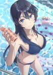  1girl armpits bikini black_hair blue_bikini blue_eyes blue_nails bottle breasts cleavage commentary_request esw_artca hair_ornament highres holding holding_bottle innertube long_hair looking_at_viewer medium_breasts navel pool sakurajima_mai seishun_buta_yarou smile solo swim_ring swimsuit water_bottle 