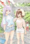  3girls :3 :d animal_ears arm_around_another's_waist blue_shirt blue_shorts blush bow breasts brown_hair bucket can commentary_request denim denim_shorts drink_can floppy_ears foliage hair_bow hakurei_reimu highres holding holding_bucket holding_tongs inaba_tewi knees long_hair medium_breasts midriff_peek multiple_girls navel no_bra open_mouth outdoors painting_(medium) pants pink_shirt pink_shorts purple_hair rabbit_ears rabbit_girl red_bow red_eyes red_pants reisen_udongein_inaba shirt short_hair short_shorts short_sleeves shorts smile stairs stone_stairs stone_torii thighs tongs torii touhou traditional_media trash uryan! watercolor_(medium) white_shirt 