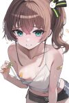 1girl absurdres ahoge aqua_eyes bandaid bandaid_on_arm bandaids_on_nipples black_ribbon blush breasts brown_hair camisole cat_hair_ornament commentary english_commentary grin hair_between_eyes hair_ornament hair_ribbon highres hololive kkato looking_at_viewer medium_hair midriff natsuiro_matsuri navel no_bra pasties ribbon side_ponytail simple_background small_breasts smile solo strap_pull virtual_youtuber white_background 
