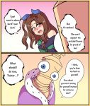  1boy 1girl animal_ears bare_shoulders blush breasts brown_hair buttons chess_piece coat crossover dress ear_covers ear_ornament east-west_crossover green_dress hair_between_eyes highres horse_ears horse_girl king_(chess) king_halo_(king_of_emeralds)_(umamusume) king_halo_(umamusume) kinger_(the_amazing_digital_circus) long_hair name_connection neferkitty off-shoulder_coat off-shoulder_dress off_shoulder open_mouth purple_robe red_eyes robe simple_background the_amazing_digital_circus umamusume 