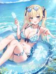  1girl :d aizawa_ema aqua_hair armpits bare_shoulders bikini blonde_hair blue-tinted_eyewear blue_bikini blue_eyes blue_nails blue_sky breasts cleavage collarbone commentary_request day earrings eyewear_on_head food frilled_bikini frills gingham_bikini gingham_clothes gradient_hair gyaru_v hair_ribbon halterneck hand_up heart heart-shaped_eyewear highres holding holding_food holding_popsicle horizon jewelry knees_up large_breasts lens_flare long_hair looking_at_viewer multi-strapped_bikini_bottom multi-strapped_bikini_top multicolored_hair nail_polish navel ocean on_innertube outdoors outstretched_arm popsicle reityana ribbon sky smile solo spaghetti_strap stomach sunglasses swimsuit thigh_strap tinted_eyewear triangle_bikini_top twintails twitter_username v virtual_youtuber vspo! 