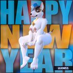 3d_(artwork) alcohol anthro areola beverage big_breasts breasts bull_terrier canine champagne digital_media_(artwork) dog female fur hair hat laionss looking_at_viewer mammal nipples nude smile solo 