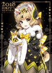  2018 :d animal_ears artist_name black_hat black_kimono blush bone_print bonnet bow chinese_zodiac commentary_request dog_ears dog_girl dog_tail fur-trimmed_gloves fur-trimmed_sleeves fur_collar fur_trim gloves green_hair hair_ornament happy_new_year hat head_tilt highres japanese_clothes kimono light_brown_hair long_sleeves looking_at_viewer nardack new_year open_mouth original paw_print print_kimono smile solo sparkle striped striped_bow tail white_gloves wide_sleeves year_of_the_dog yellow_bow 