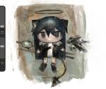  1girl arknights art_program_in_frame black_boots black_eyes black_halo black_jacket blue_hair boots chibi demon_girl demon_horns demon_tail full_body fur-trimmed_jacket fur_trim h_ylajaponica halo highres horns jacket jitome long_hair looking_at_viewer mostima_(arknights) no_mouth open_clothes open_jacket painterly procreate_(medium) procreate_(software) screenshot shirt simple_background solo staff straight-on tail weapon weapon_on_back white_shirt 