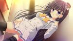  1girl back_bow black_hair black_ribbon black_thighhighs blue_eyes bow bowtie breasts buttons contrapposto da_capo da_capo_iv double-breasted dutch_angle evening game_asset hair_ribbon hand_on_own_shoulder hand_on_own_thigh hat highres lapels light_smile long_hair long_sleeves looking_at_viewer mini_hat miniskirt non-web_source official_art open_mouth panties pantyshot pleated_skirt purple_bow ribbon sailor_collar sailor_shirt school_uniform serafuku shirt skirt stairs standing takano_yuki_(allegro_mistic) thigh_gap thighhighs tokisaka_nino underwear very_long_hair white_panties white_sailor_collar white_shirt white_skirt yellow_bow yellow_bowtie zettai_ryouiki 