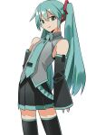 1girl absurdres aqua_eyes aqua_hair aqua_necktie black_skirt black_sleeves collared_shirt commentary_request detached_sleeves grey_shirt haida_katsuretsu hair_between_eyes hatsune_miku highres long_hair looking_at_viewer necktie pleated_skirt shirt simple_background skirt sleeveless sleeveless_shirt sleeves_past_wrists smile solo standing teeth twintails very_long_hair vocaloid white_background wide_sleeves 