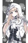  bib_collar blonde_hair border closed_mouth commentary_request cross cross_earrings cross_ornament dress earrings flower frilled_dress frilled_sleeves frills gloves grey_background grey_eyes highres hikami_meruru interlocked_fingers jewelry letterboxed long_hair long_sleeves looking_at_viewer mahou_shoujo_no_majo_saiban momochi_kureha own_hands_clasped own_hands_together priestess solo upper_body veil white_border white_dress white_gloves white_veil wide_sleeves 