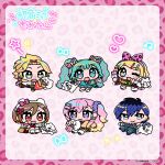  2boys 4girls :d ;d animal_print anya_(12939) aqua_eyes aqua_hair bangs_pinned_back black_hair black_sailor_collar black_shoes blue_eyes blue_hair blue_pants blush bow bow_hairband brown_eyes brown_hair cellphone_charm character_name charm_(object) chibi chibi_only closed_mouth commentary_request company_name copyright_notice crepe drink ear_piercing food full_body gradient_hair grey_skirt hair_ornament hair_scrunchie hairband hairclip hatsune_miku heart heart-shaped_pupils holding holding_phone kagamine_len kagamine_rin kaito_(vocaloid) leopard_print megurine_luka meiko_(vocaloid) multicolored_hair multiple_boys multiple_girls musical_note neckerchief official_art one_eye_closed open_mouth pants phone piercing pink_background pink_bow pink_hair pink_hairband pleated_skirt red_hair sailor_collar scrunchie second-party_source shirt shoes side_ponytail skirt smile socks star_(symbol) symbol-shaped_pupils translation_request twintails two-tone_hair vocaloid white_socks x_hair_ornament yellow_neckerchief yellow_shirt 