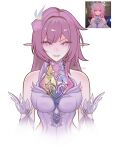 1girl angry bare_shoulders breasts clenched_teeth commentary cyrene_(demiurge)_(honkai:_star_rail) cyrene_(honkai:_star_rail) daily_cyrene diamond-shaped_pupils diamond_(shape) dress english_commentary flower game_screenshot_inset hair_flower hair_ornament highres honkai:_star_rail honkai_(series) large_breasts long_hair looking_at_viewer multicolored_hair pink_hair pointy_ears purple_eyes reference_inset screenshot_inset simple_background solo symbol-shaped_pupils teeth two-tone_hair white_background white_dress white_hair 