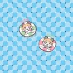  2girls animal_ear_headphones animal_ears bilingual_commentary blonde_hair blue_archive cat_ear_headphones cat_ears cat_tail checkered_background chibi chibi_only commentary_request epilepsy_warning fake_animal_ears fake_tail green_eyes green_halo halo headphones highres innertube korean_commentary low-tied_sidelocks midori_(blue_archive) mixed-language_commentary momoi_(blue_archive) mong_geu_jak multiple_girls on_innertube optical_illusion pink_eyes pink_halo primrose_field_illusion short_hair siblings sidelocks sisters swim_ring tail twins 