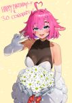  1girl absurdres ahoge animal_ears bandaid bandaid_on_face bandaid_on_nose blue_eyes blush bouquet breasts dress el_xox elbow_gloves esencey facial_mark floppy_ears flower gloves hair_between_eyes hair_horns happy_birthday heart heart_ahoge heart_facial_mark highres indie_virtual_youtuber lop_rabbit_ears medium_breasts open_mouth pink_hair rabbit_ears rabbit_girl see-through_cleavage see-through_clothes short_hair solo tan v virtual_youtuber white_dress white_flower white_gloves yellow_background 