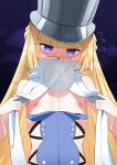  1girl absurdres black_background blonde_hair blush breast_curtains chikuwa_(dreamcube15574) clothes_lift commentary_request embarrassed flat_chest flying_sweatdrops grey_hat grey_helmet hat helmet highres large_hat lifting_own_clothes long_hair looking_at_viewer nipples norma_hollowell petite purple_eyes shako_cap simple_background solo steam steaming_body sweat tears very_long_hair zenless_zone_zero 