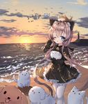 2017 ;o animal animal_ear_fluff animal_ears bangs beach bell black_bow black_capelet black_dress blade_&amp;_soul blue_eyes blush bow building capelet cat_ears cloud commentary dog dress eyebrows_visible_through_hair frilled_dress frills goodbye hair_between_eyes highres horizon jingle_bell korean lighthouse long_sleeves low_twintails lyn_(blade_&amp;_soul) ocean one_eye_closed pantyhose parted_lips pink_hair sidelocks signature sky solo sun sunset tandohark tongue tongue_out translation_request twintails white_legwear 