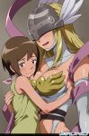  2girls angel angewomon bandana bandana_around_neck belt blonde_hair blush breasts brown_eyes brown_hair cleavage clothing_cutout covered_eyes digimon digimon_(creature) digimon_adventure grey_background hagoromo hand_on_another's_back head_on_chest helmet helmet_over_eyes highres hip_vent hug large_breasts long_hair multiple_belts multiple_girls o-ring o-ring_belt open_mouth pink_bandana shawl shirt short_hair simple_background sleeveless sleeveless_shirt smile sorameron stomach_cutout strapless_bodysuit winged_helmet yagami_hikari yellow_shirt 