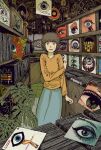  1girl blue_skirt brown_eyes brown_hair highres indoors long_skirt long_sleeves looking_at_viewer nejishiki_(manga) open_mouth original plant record_jacket ryouichirou_kezuka shirt short_hair skirt solo standing yellow_shirt 