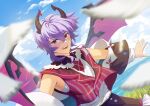  1boy absurdres brown_shorts dragon_horns dragon_wings durin_(genshin_impact) eltdoa fangs genshin_impact highres horns long_hair male_focus open_mouth purple_hair red_eyes red_vest shirt shorts smile solo vest white_shirt wings 