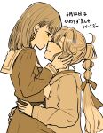  2girls ahoge anyoji_hime closed_eyes commentary face-to-face hair_ribbon half-closed_eyes hand_on_another's_head hand_on_another's_hip hasu_no_sora_school_uniform highres hood hood_down hooded_jacket jacket kachimachi_kosuzu lone_nape_hair long_hair long_sleeves looking_at_another love_live! love_live!_hasu_no_sora_jogakuin_school_idol_club multi-tied_hair multiple_girls namazakana_kuenai neckerchief ponytail ribbon sailor_collar school_uniform simple_background translation_request untranslatable_commentary virtual_youtuber white_background winter_uniform yellow_theme yuri 