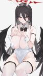 1girl animal_ears arm_strap bare_shoulders black_bow black_bowtie black_hair black_wings blue_archive blush bow bowtie breasts cleavage collarbone commentary detached_collar fake_animal_ears four-finger_heart_hands grey_hair groin hair_between_eyes halo hasumi_(blue_archive) heart heart_hands highres large_breasts leotard long_hair looking_at_viewer low_wings mexif mole mole_under_eye playboy_bunny rabbit_ears red_eyes red_halo simple_background sitting solo thighhighs thighs very_long_hair white_leotard white_thighhighs wings wrist_cuffs 