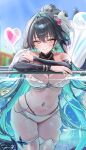  1girl aqua_hair bare_shoulders bikini bird black_hair blance blue_sky blush breasts bubble cleavage colored_inner_hair detached_sleeves goddess_of_victory:_nikke hair_intakes hair_ornament heart highres large_breasts little_mermaid_(nikke) little_mermaid_(shell_princess)_(nikke) long_hair multicolored_hair navel official_alternate_costume official_alternate_hairstyle outdoors parted_lips partially_submerged penguin pool shell shell_hair_ornament single_thighhigh sky smile stomach swimsuit thigh_strap thighhighs very_long_hair water wet white_bikini white_thighhighs yellow_eyes 