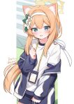  1girl animal_ear_fluff animal_ears blue_archive blue_eyes blue_jacket blue_shorts blush cat_ears cat_girl commentary_request cowboy_shot flower gym_shirt gym_uniform hair_flower hair_ornament hair_ribbon hairband halo highres jacket knokzm long_hair looking_at_viewer low_ponytail mari_(blue_archive) mari_(track)_(blue_archive) official_alternate_costume open_clothes open_jacket open_mouth orange_hair ponytail ribbon shirt shorts solo sweat track_jacket very_long_hair white_flower white_hairband white_ribbon white_shirt yellow_halo 