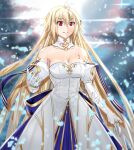  1girl archetype_earth arcueid_brunestud bare_shoulders blonde_hair blue_notuki blue_skirt breasts cleavage commentary_request detached_collar detached_sleeves dress fate/grand_order fate_(series) gloves gold_trim grin highres large_breasts layered_skirt long_hair long_skirt looking_at_viewer red_eyes skirt smile solo tsukihime tsukihime_(remake) very_long_hair white_dress white_gloves 