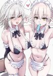  2girls ahoge apron artoria_pendragon_(fate) bikini black_bikini blonde_hair blush breasts choker commentary cosplay detached_collar double_v earrings fate/grand_order fate_(series) food frilled_bikini frilled_choker frilled_thigh_strap frills grey_hair highres jeanne_d'arc_alter_(fate) jewelry looking_at_viewer maid maid_bikini maid_headdress multiple_girls notonaon popsicle saber_alter saber_alter_(swimsuit_rider)_(second_ascension) saber_alter_(swimsuit_rider)_(second_ascension)_(cosplay) short_hair small_breasts stud_earrings swimsuit thigh_strap unconventional_maid v waist_apron yellow_eyes 