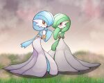  2girls :o alternate_color blue_hair blue_skin bob_cut cloud colored_skin commentary_request flat_chest from_side gardevoir grass green_hair green_skin grey_sky hair_over_one_eye hand_to_own_mouth hand_up happy highres looking_afar looking_at_viewer multicolored_skin multiple_girls nanairo_(pixiv_116811856) one_eye_covered open_mouth orange_eyes outdoors pokemon pokemon_(creature) red_eyes shiny_and_normal shiny_pokemon short_hair sky smile two-tone_skin white_skin 