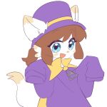  1girl a_hat_in_time animal_ears blue_eyes brown_hair cape child ears_through_headwear furrification furry furry_female hat hat_kid hat_ribbon highres jacket jibung long_sleeves looking_at_viewer medium_hair open_mouth ponytail purple_hat purple_jacket ribbon sidelocks sleeves_past_fingers sleeves_past_wrists smile solo tail top_hat upper_body white_background yellow_cape yellow_ribbon zipper_pull_tab 