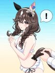  ! 1girl 1other absurdres animal_ears ass bare_shoulders beach bikini blush braid braided_sidelocks breasts brown_hair cleavage curren_bouquetd'or_(umamusume) ear_covers grey_eyes hair_between_eyes hairband highres holding_another's_tail horse_ears horse_girl horse_tail long_hair long_sleeves low_twin_braids medium_breasts mismatched_ear_covers multicolored_hair ocean shirt sidelocks solo_focus spoken_exclamation_mark streaked_hair sweetbubble swimsuit tail twin_braids umamusume very_long_braid water white_bikini white_shirt white_streaks 