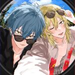  2boys adjusting_eyewear arm_up bead_necklace beads black_shirt blue_hair brown_eyes brown_hair closed_mouth cloud collared_shirt commentary_request day ear_piercing ensemble_stars! fingernails floral_print hair_between_eyes hakaze_kaoru highres jewelry looking_at_viewer male_focus multiple_boys naked_shirt navel necklace one_eye_closed open_clothes open_mouth outdoors piercing sazanami_jun shirt short_hair sky smile sunglasses taro_(jujujunkun0227) teeth tree upper_teeth_only wing_collar 