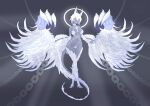 1girl 2026 black_sclera breasts chain claws colored_sclera colored_skin dragon_girl dragon_horns dragon_tail dragon_wings eyelashes facial_mark grey_skin halo highres horns large_breasts lips long_eyelashes looking_at_viewer low_wings makeup monster_girl monster_hunter_(series) nekit48l open_clothes personification short_hair simple_background solo tail teardrop_facial_mark watermark white_eyes white_fur white_hair white_scales winged_arms wings zoh_shia 