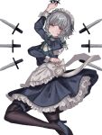  1girl amatukimahoro apron between_fingers blue_dress blue_shoes bow braid brown_pantyhose closed_mouth commentary dress frilled_dress frills green_bow green_ribbon grey_hair hair_bow high_heels highres holding holding_knife izayoi_sakuya juliet_sleeves knife knives_between_fingers leg_up long_hair long_sleeves looking_at_viewer maid maid_headdress neck_ribbon pantyhose puffy_sleeves red_eyes ribbon shoes simple_background solo thigh_strap touhou twin_braids waist_apron white_apron white_background white_bow 