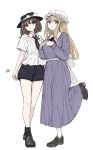  2girls absurdres adapted_costume asymmetrical_hair black_hat black_necktie black_ribbon black_shoes black_shorts black_socks blonde_hair bow brown_eyes brown_hair closed_mouth collared_dress collared_shirt commentary_request contrast_collar dress hair_between_eyes hair_bow hat hat_bow highres interlocked_fingers kashiwada_kiiho loafers long_hair looking_at_viewer maribel_hearn medium_hair mob_cap multiple_girls neck_ribbon necktie own_hands_together purple_dress purple_eyes ribbon shirt shoes short_sleeves shorts signature simple_background smile socks standing standing_on_one_leg touhou usami_renko white_background white_bow white_shirt white_socks 