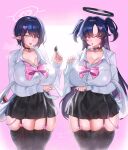 2girls :o absurdres aoi_(blue_archive) bag black_halo black_skirt black_thighhighs blue_archive blue_eyes blush bow bowtie breasts cleavage collarbone commentary condom condom_wrapper garter_straps grey_eyes halo highres holding_receipt huge_breasts long_hair looking_at_viewer mole mole_under_eye multiple_girls open_mouth pendant_choker pink_bow pink_bowtie plastic_bag pointy_ears purple_hair shangdi_de_fa_zhang shirt short_hair skirt smile thick_thighs thighhighs thighs two_side_up white_halo white_shirt yuuka_(blue_archive) 
