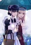  2girls absurdres apron bag basket blonde_hair brown_bag brown_eyes character_request closed_mouth collarbone commentary_request copyright_request fingernails hand_up highres holding holding_umbrella juliet_sleeves long_hair long_sleeves looking_at_another maid maid_apron mole mole_under_mouth multiple_girls open_mouth puffy_sleeves purple_eyes rain shimashi_(mori_no_sato) shirt sidelocks smile umbrella virtual_youtuber white_shirt 