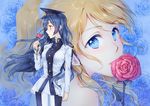  ayase_eli bangs blonde_hair blue_eyes blue_flower blue_rose commentary_request flower from_side hat holding holding_flower long_hair looking_at_viewer looking_to_the_side love_live! love_live!_school_idol_project military military_uniform mimori_(cotton_heart) mouth_hold multiple_girls ponytail red_flower red_rose rose scrunchie sonoda_umi uniform white_scrunchie 