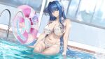  1girl absurdres anniversary azur_lane bikini blue_eyes blue_hair breasts closed_mouth hair_intakes highres horizontal_navel innertube large_breasts logo long_hair navel new_jersey_(azur_lane) o-ring o-ring_bikini one_eye_closed pool poolside sitting soaking_feet solo stomach swim_ring swimsuit tonkatsurr very_long_hair water wet white_bikini 