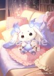  1other :3 blanket blurry blurry_background book bookshelf chibikemo closed_mouth coat commentary_request company_name copyright_notice couch curtains duffel_coat flower_pot frilled_pillow frills furry green_eyes hitsuji_oshipu indoors light_particles long_sleeves looking_at_viewer lunlun_(nijisanji) night nijisanji official_art open_clothes open_coat pillow pink_scarf plant pom_pom_(clothes) potted_plant sample_watermark scarf sitting smile solo unworn_scarf virtual_youtuber watermark white_coat white_fur window 