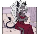  averting_eyes bare_shoulders black_horns blush breasts camisole cleavage closed_mouth colored_skin couch crossed_arms curtains dark-skinned_female dark_skin demon_girl demon_horns demon_tail embarrassed feet_out_of_frame grey_skin helltaker highres horns indoors judgement_(helltaker) long_hair pillow ponytail samme_hacci side_slit simple_background sitting spiked_horns tail wavy_mouth white_eyes white_hair 