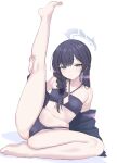  1girl absurdres barefoot bikini black_bikini black_hair black_robe blue_archive braid braid_over_shoulder breasts butterfly_hair_ornament cameltoe commentary_request feet grey_eyes grey_halo hair_ornament halo highres kisaki_(blue_archive) kisaki_(swimsuit)_(blue_archive) kokechan leg_up looking_at_viewer navel official_alternate_costume official_alternate_hairstyle robe robe_partially_removed side_braid simple_background small_breasts solo stomach swimsuit white_background 