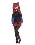  1girl absurdres black_boots black_jacket black_pantyhose blue_bow boots bow cape commentary english_commentary full_body hair_between_eyes hair_bow high_collar highres jacket looking_at_viewer open_mouth pantyhose red_cape red_hair red_skirt sekibanki simple_background skirt solo theholyvoid touhou white_background 