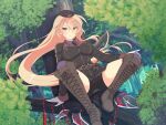  1girl :o belt belt_pouch bike_shorts black_jacket black_necktie blonde_hair blush boots branch breasts brown_belt brown_boots buttons chain chain_whip double-breasted forest gloves hat hebijo_academy_school_uniform in_tree infinity_symbol jacket lace-up_boots large_breasts leaf long_hair looking_at_viewer military_hat nature necktie outdoors plant pouch purple_shirt purple_thighhighs red_eyes school_uniform senran_kagura senran_kagura_new_link senran_kagura_new_wave shirt sitting sitting_in_tree solo souji_(senran_kagura) sparkle spiked_chain thigh_boots thighhighs tree very_long_hair white_gloves 