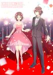  1boy 1girl :d ahoge amagase_touma amami_haruka anniversary black_jacket black_pants black_shoes bow bowtie brown_hair commentary_request copyright_name dress full_body green_bow green_bowtie green_eyes happy_anniversary highres holding_hands idolmaster idolmaster_(classic) idolmaster_side-m jacket lapels long_sleeves looking_at_viewer mintpmintp no_socks notched_lapels open_mouth pants pink_dress pink_shoes shoes short_hair smile standing 