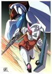  1980s_(style) 1990s_(style) 1girl arming_doublet_(southern_cross) atac battroid choujikuu_kidan_southern_cross commentary_request energy_gun faux_retro_artstyle green_assault_visor highres jeanne_francaix mecha motion_lines ootsuka_ken pilot retro_artstyle robot running science_fiction shield signature size_difference soldier spartas weapon 