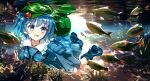  1girl air_bubble bag blue_boots blue_eyes blue_hair blue_shirt blue_skirt boots breasts bubble collared_shirt commentary dise_(psychoro) fish frilled_shirt_collar frills green_bag green_hat hair_bobbles hair_ornament hat highres kawashiro_nitori long_sleeves medium_hair open_mouth plant shirt skirt small_breasts smile solo touhou two_side_up underwater 