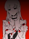  1girl bib_collar black_eyes closed_mouth colored_sclera dress enoch_yn extra_eyes frilled_sleeves frills gradient_background hat highres hikami_meruru long_sleeves mahou_shoujo_no_majo_saiban red_background red_sclera solo spoilers straight-on upper_body white_dress witch_hat 