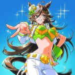  1girl ahoge animal_ears arm_strap asymmetrical_jacket breasts brown_hair butterdaal choker commentary cropped_jacket green_shirt hair_ornament hat horse_ears horse_girl horse_tail jacket large_breasts long_hair looking_at_viewer midriff mini_hat mini_top_hat mr._c.b._(clear_bliss)_(umamusume) mr._c.b._(umamusume) navel open_mouth pants shirt single_bare_shoulder single_sleeve single_wrist_cuff smile solo sparkle strapless strapless_shirt tail top_hat umamusume untranslatable_commentary v white_jacket white_pants wrist_cuffs yellow_choker 