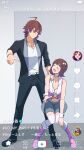  1boy 1girl :d ^_^ ahoge amagase_touma amami_haruka black_jacket black_pants blackish_961sp_(idolmaster) boots breasts brown_hair cleavage closed_eyes commentary_request full_body grey_skirt height_difference highres idolmaster idolmaster_(classic) idolmaster_2 idolmaster_side-m jacket livestream looking_at_another luxury_(idolmaster) miniskirt navel official_alternate_costume open_clothes open_jacket open_mouth pants pink_boots pink_diamond_765_(idolmaster) pink_vest pinnmoku shirt short_hair skirt smile standing thighhighs tiktok vest white_shirt white_thighhighs 