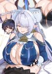 5girls absurdres ascot aurelia_academy_school_uniform bare_shoulders belle_(brilliance_of_stars)_(zenless_zone_zero) belle_(zenless_zone_zero) black_hat blue_hair breasts cleavage clothing_cutout commentary cum cum_on_body cum_on_breasts dress earrings ejaculation eldreda_sunbringer english_commentary erotanuki futa_with_female futanari green_eyes grey_hair hair_between_eyes hair_over_one_eye hat highres huge_breasts jewelry long_hair looking_at_another lying mole mole_on_breast mole_under_mouth multiple_girls navel official_alternate_costume on_back on_bed paizuri pointy_ears purple_eyes remielle_dan school_uniform short_hair shoulder_cutout sigrid_de_l'azur simple_background smile velina_airgid white_background yellow_ascot zenless_zone_zero 